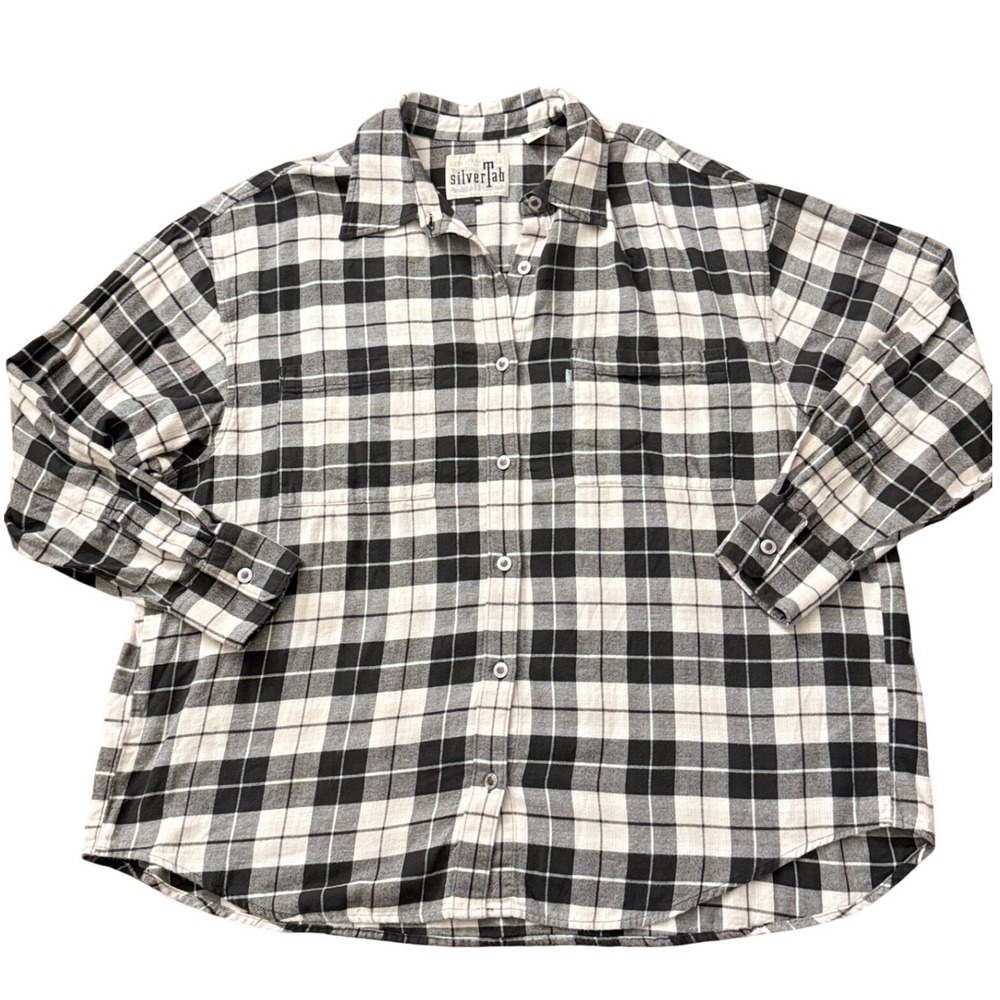 Levis SilverTab Mens 2XL Plaid‎ Flannel Button Down Shirt Black White Grey GG28